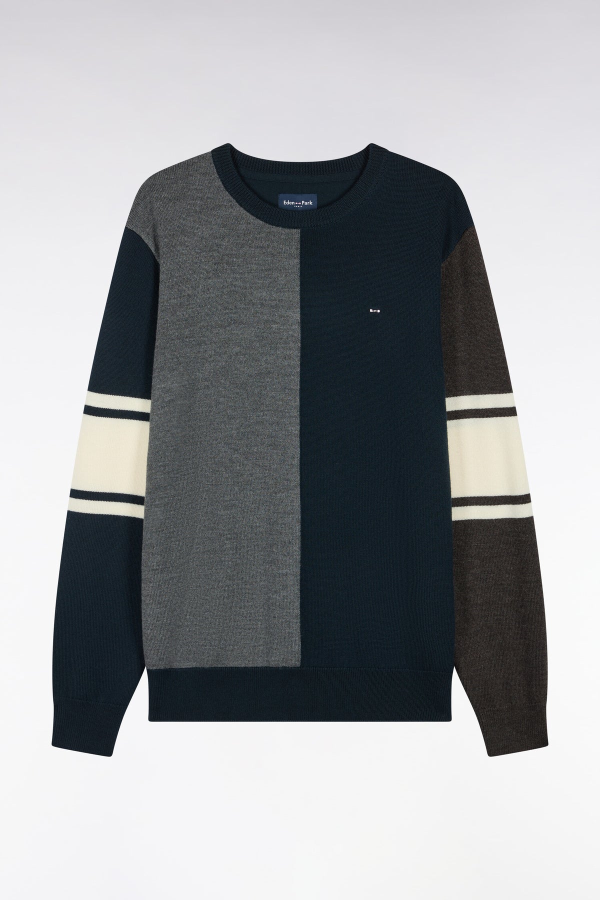 Round-neck sweater with vertical cutout in tricolor merino wool jersey