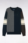Round-neck sweater with vertical cutout in tricolor merino wool jersey