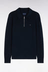 Straight cut navy cotton and viscose zipped polo collar sweater
