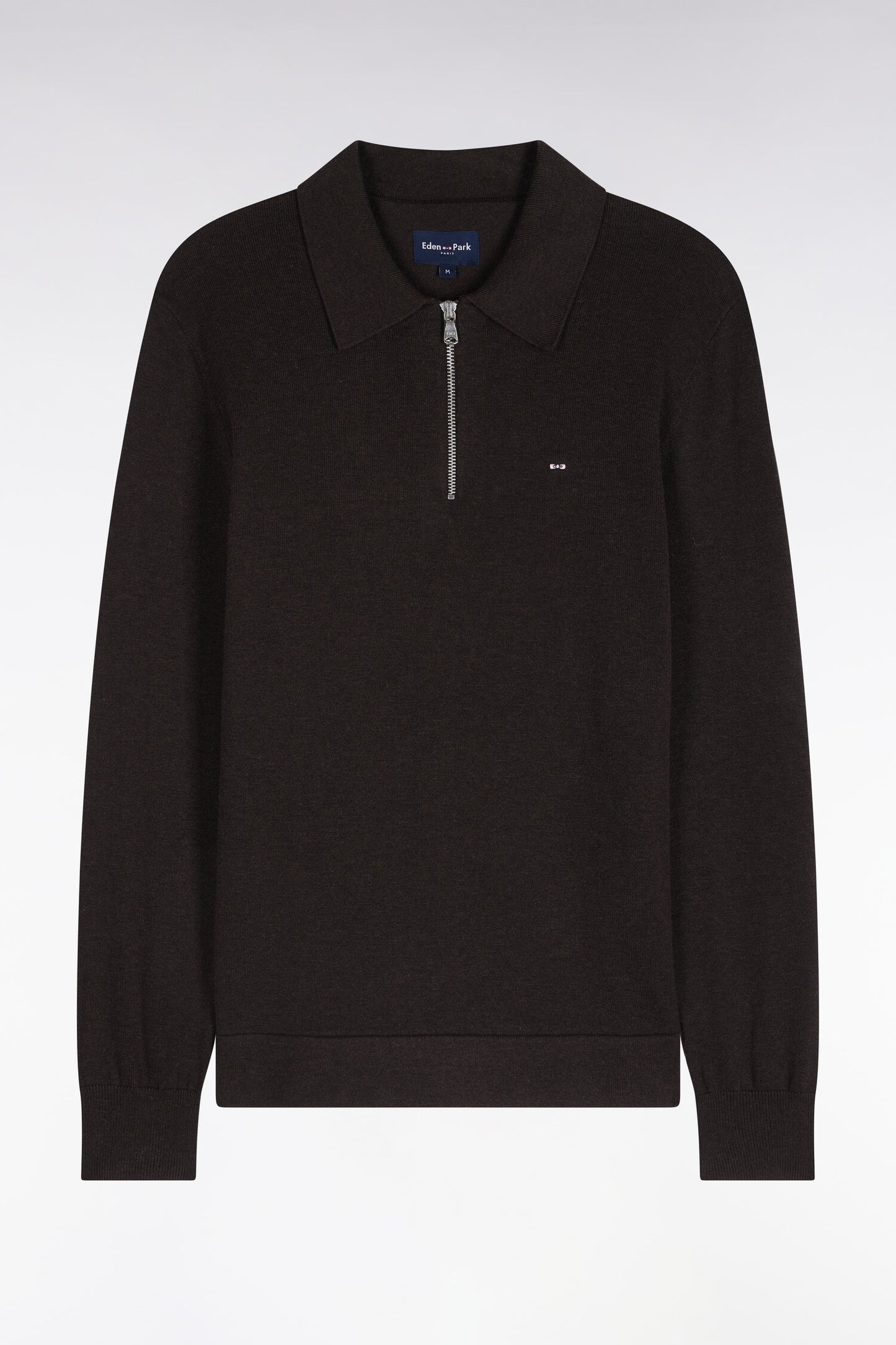 Pull à col polo zippé en coton et viscose marron coupe droite
