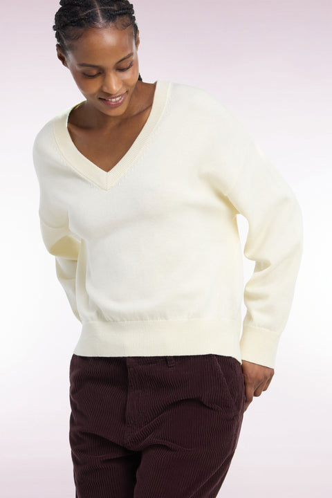 Pull col V en laine et coton écru coupe oversized - Image 1