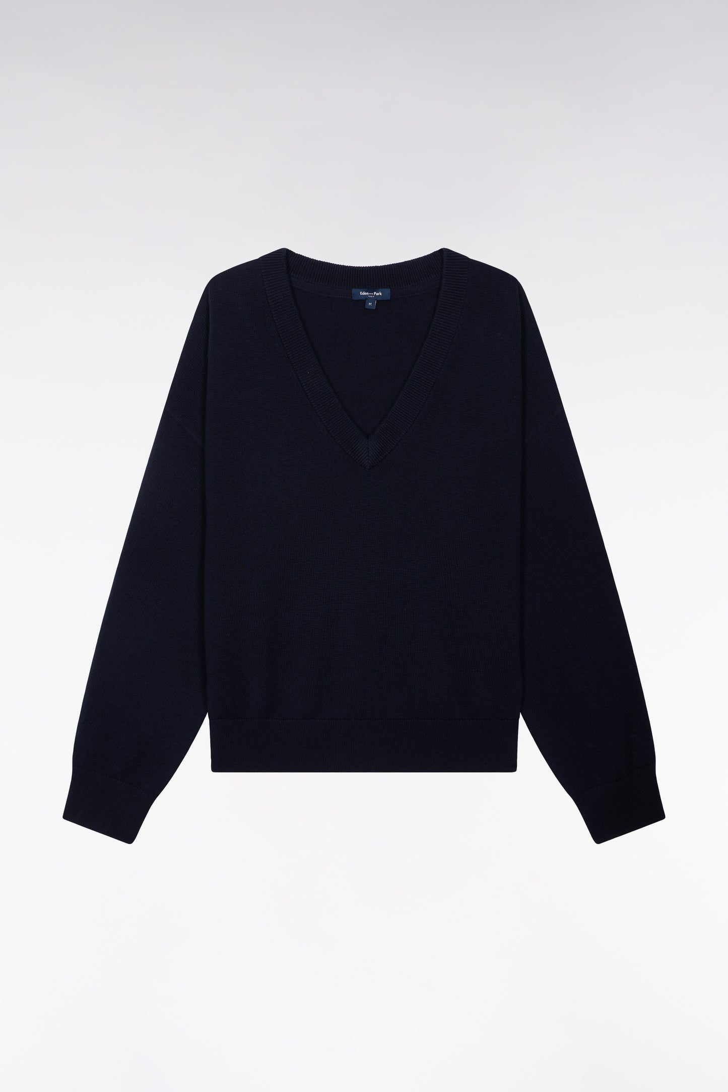 Pull col V en laine et coton marine coupe oversized