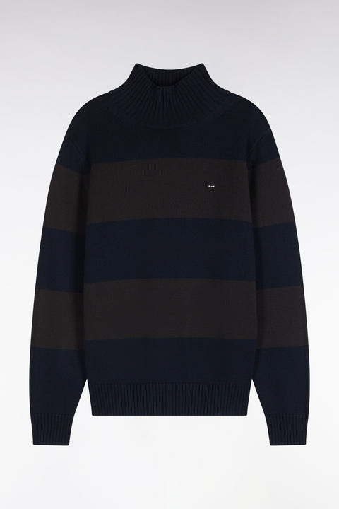 Pull col cheminée en coton rayé marron et marine coupe droite - Image 2