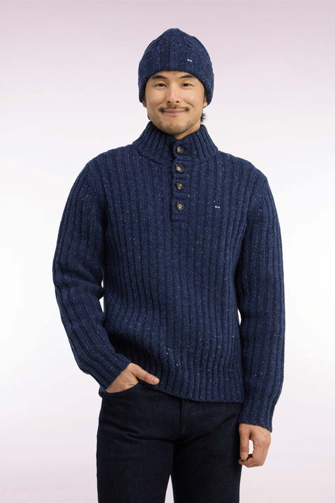 Buttoned high-neck sweater in heather blue ribbed chunky knit - Image 3