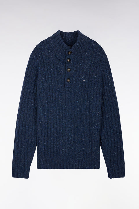 Buttoned high-neck sweater in heather blue ribbed chunky knit - Image 2