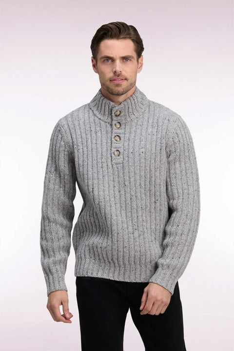 Heather gray thick ribbed knit buttoned high-neck sweater - Image 3