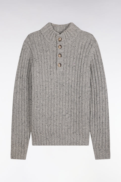 Heather gray thick ribbed knit buttoned high-neck sweater - Image 2