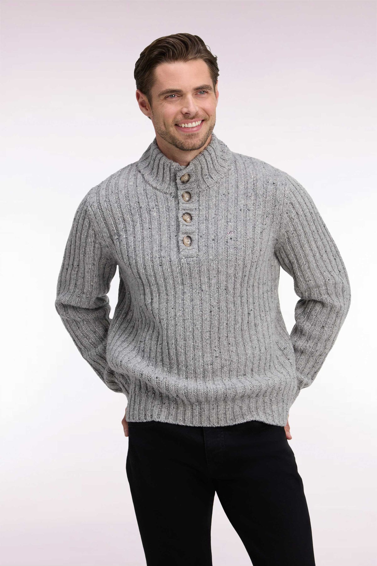 Heather gray thick ribbed knit buttoned high-neck sweater