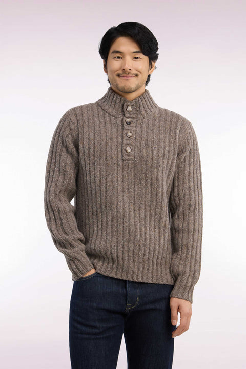 Khaki heather ribbed thick knit buttoned high-neck sweater - Image 3