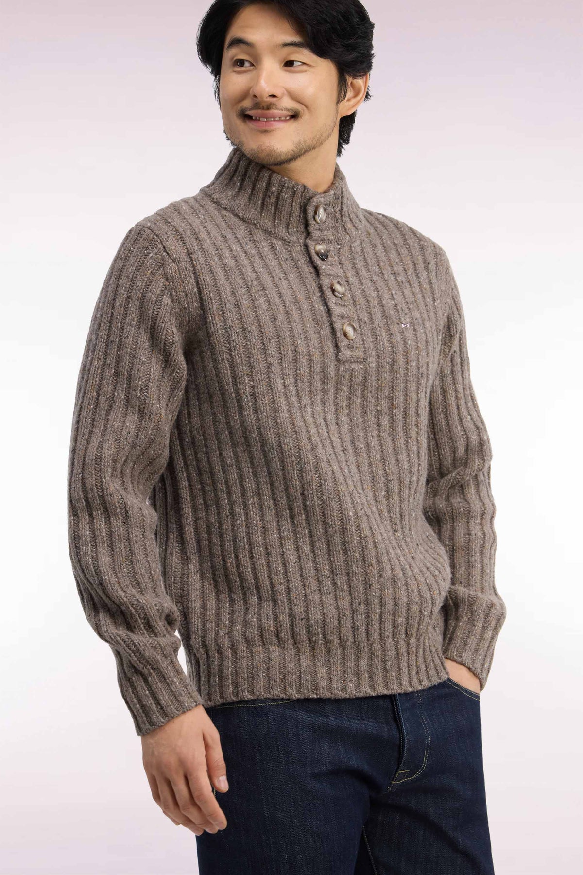 Khaki heather ribbed thick knit buttoned high-neck sweater