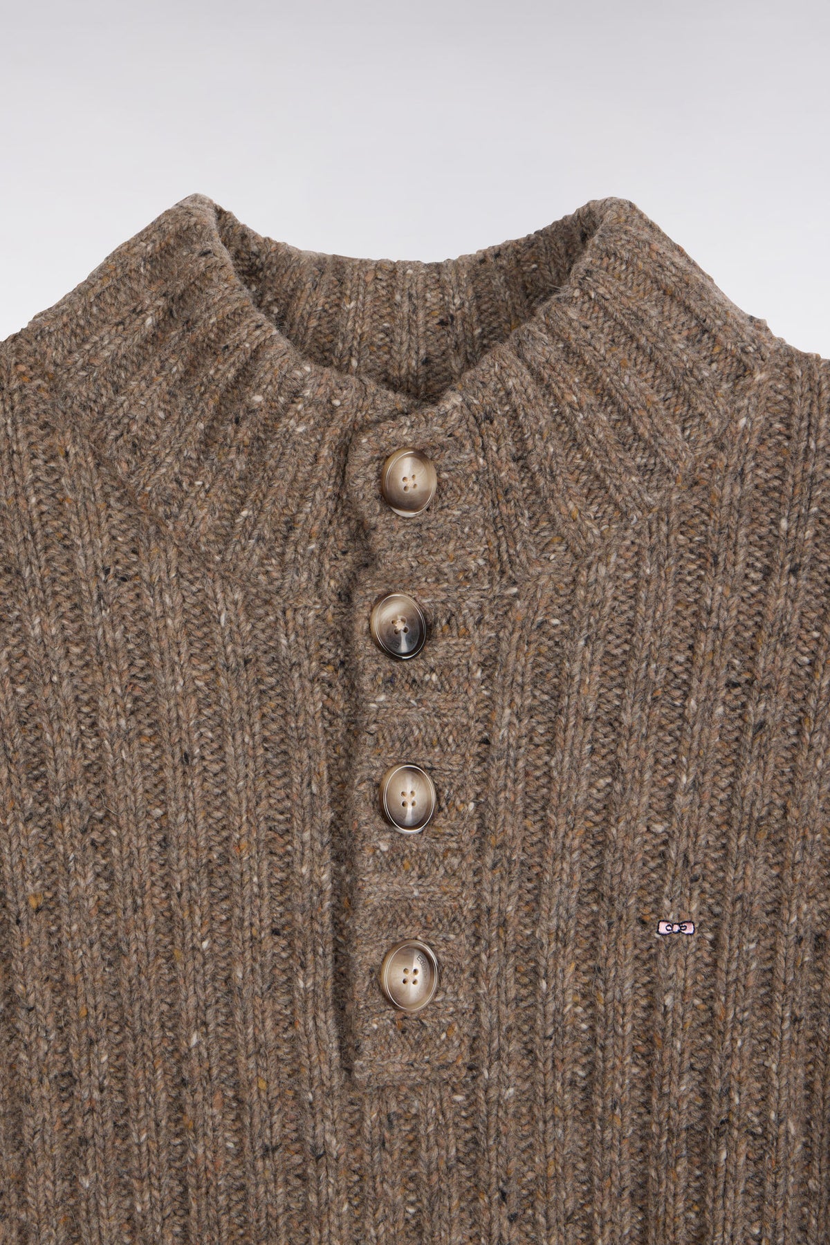 Khaki heather ribbed thick knit buttoned high-neck sweater
