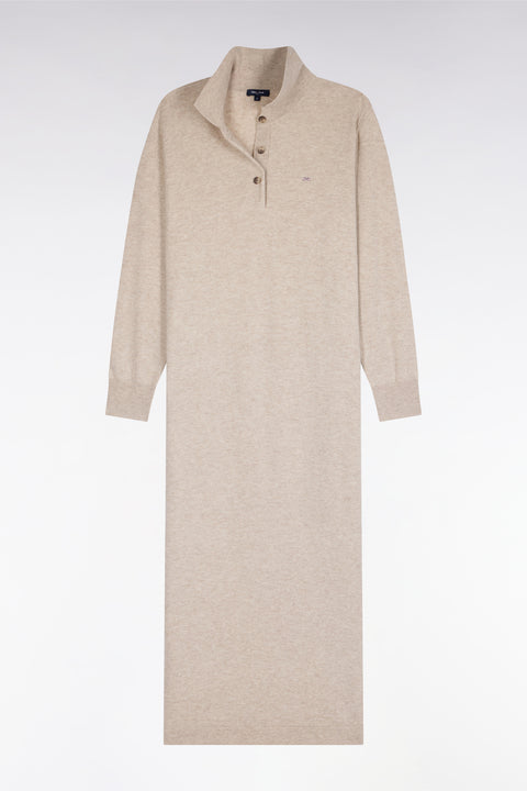 Robe midi à col polo en laine vierge et cachemire beige coupe droite - Image 2