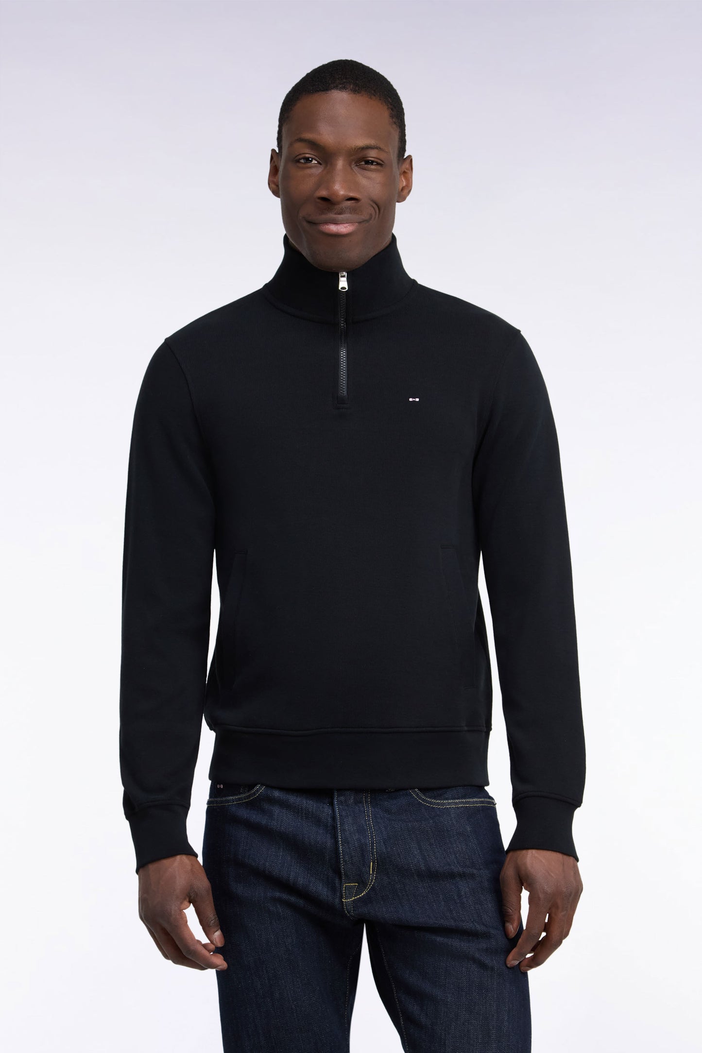 Sweatshirt col camionneur en molleton coton noir coupe droite