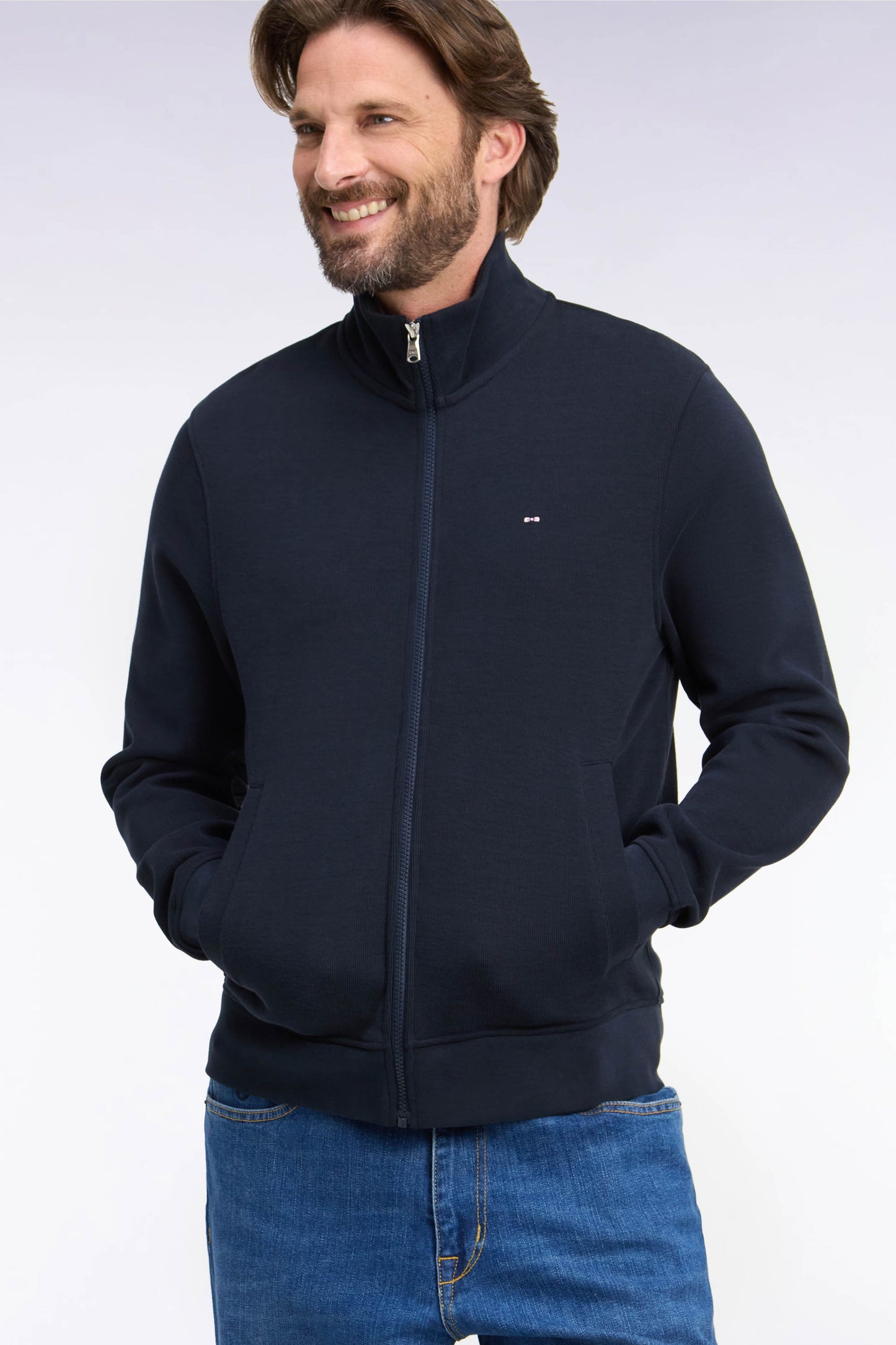 Sweatshirt zippé en molleton coton marine coupe droite