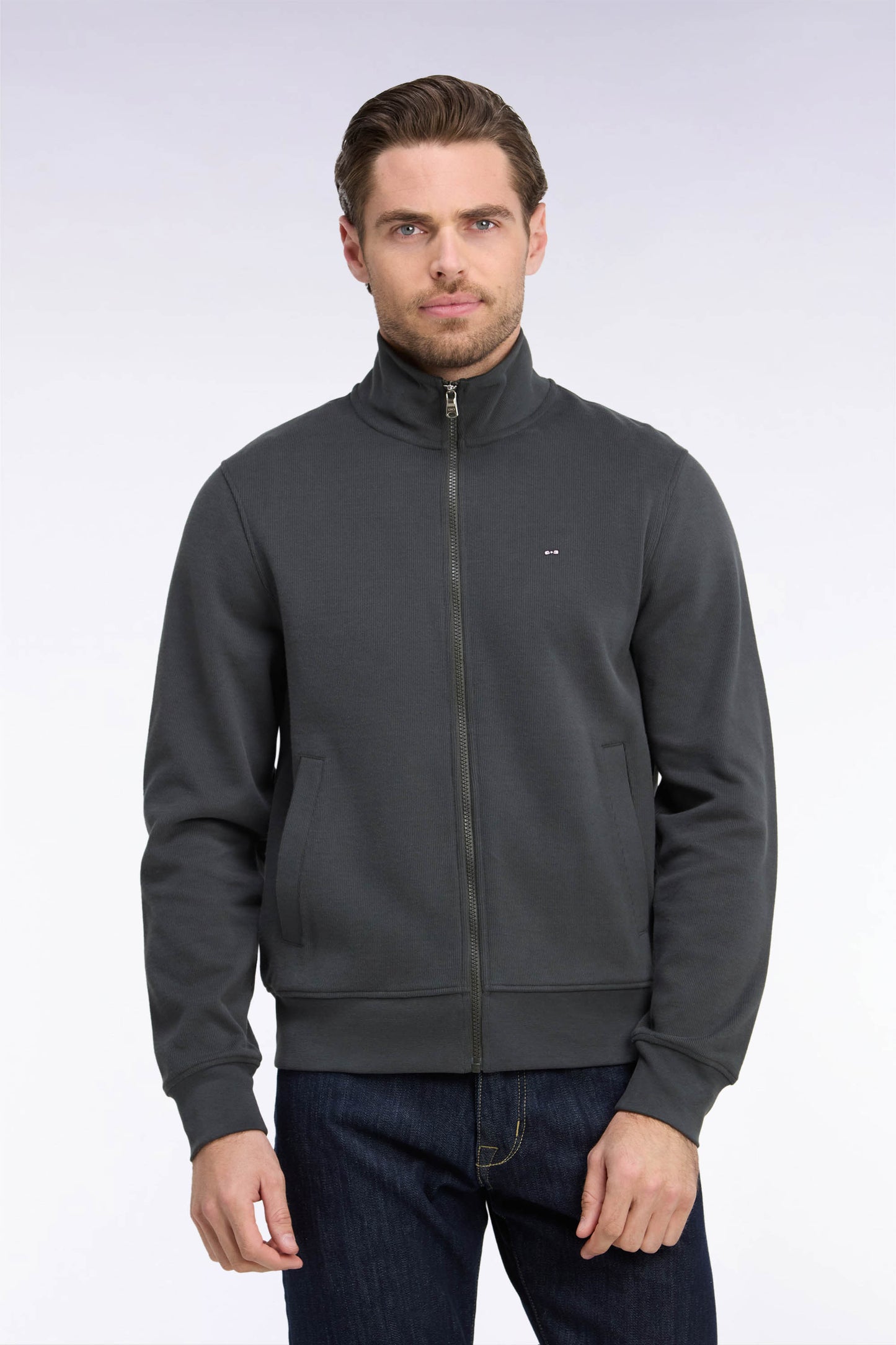 Sweatshirt zippé en molleton coton kaki coupe droite