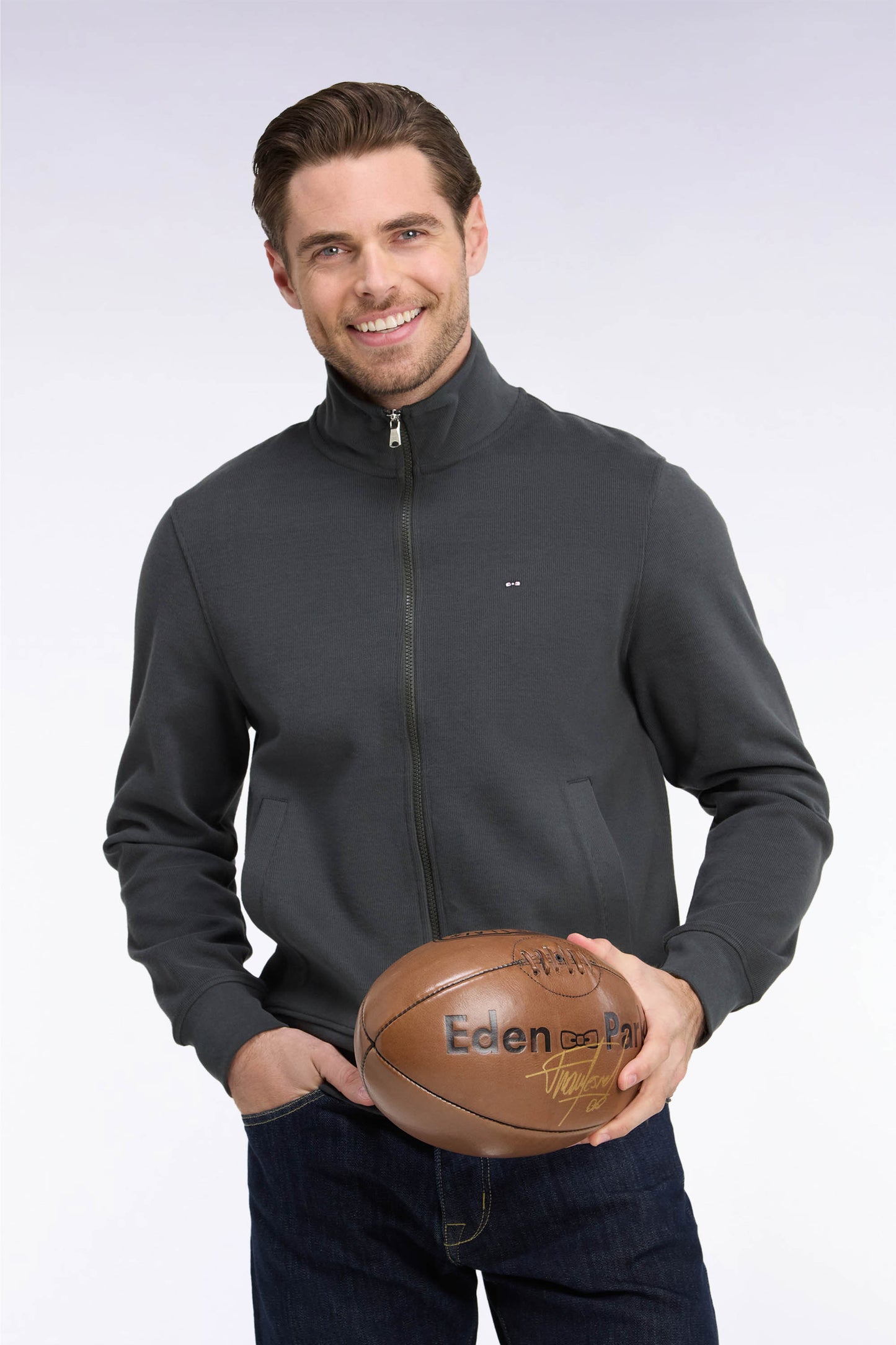 Sweatshirt zippé en molleton coton kaki coupe droite