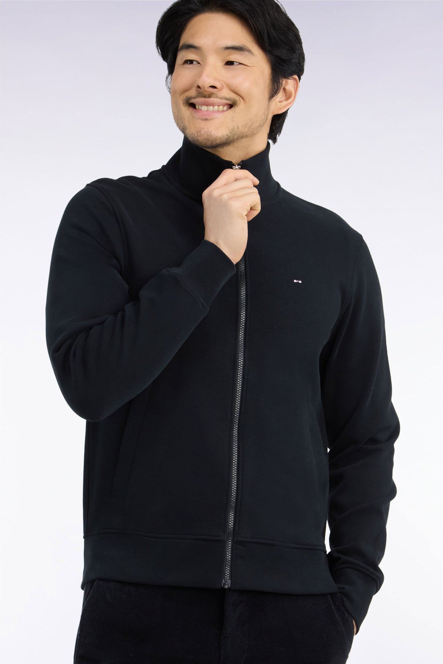 Sweatshirt zippé en molleton coton noir coupe droite