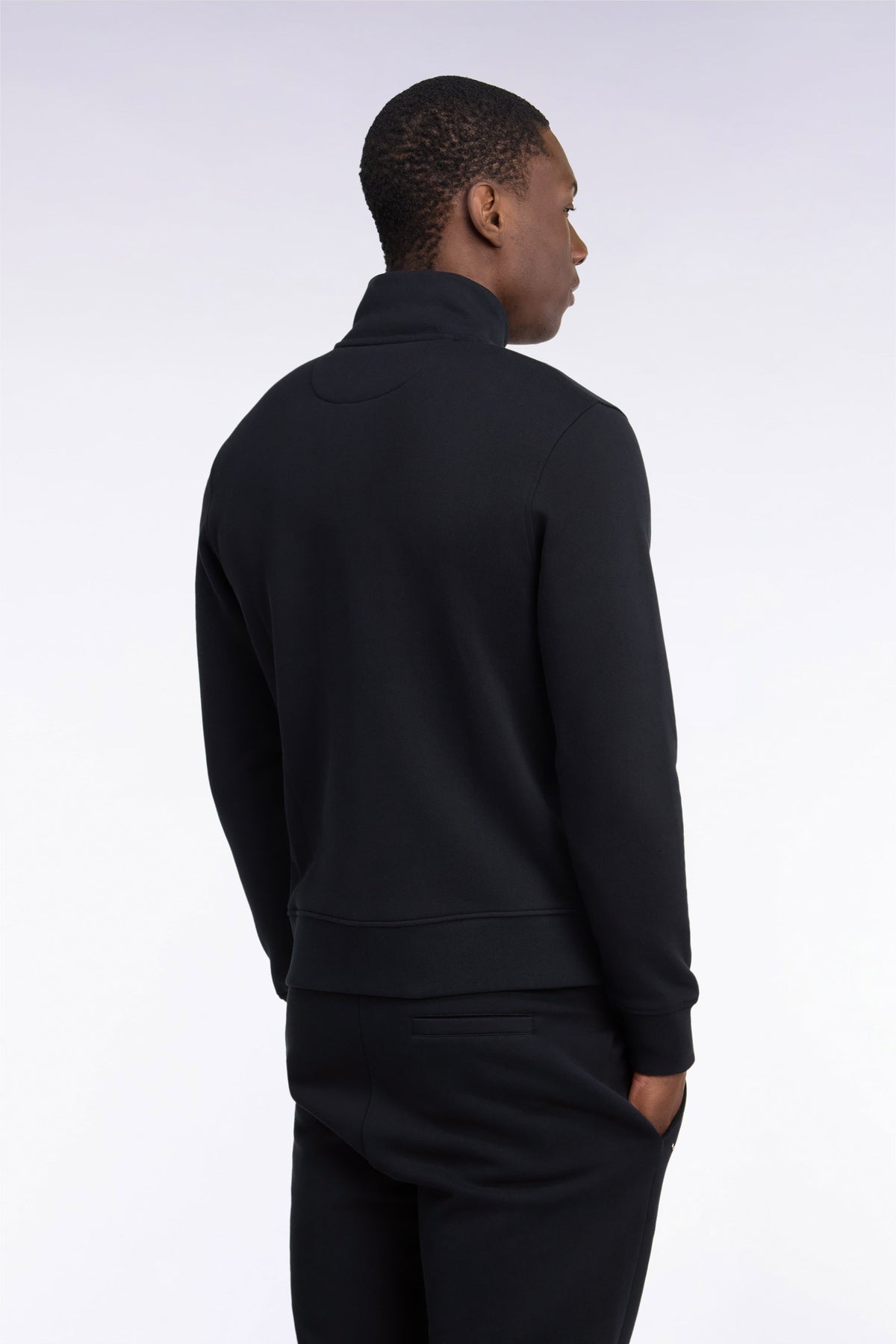 Straight cut black cotton trucker neck zipped sweatshirt