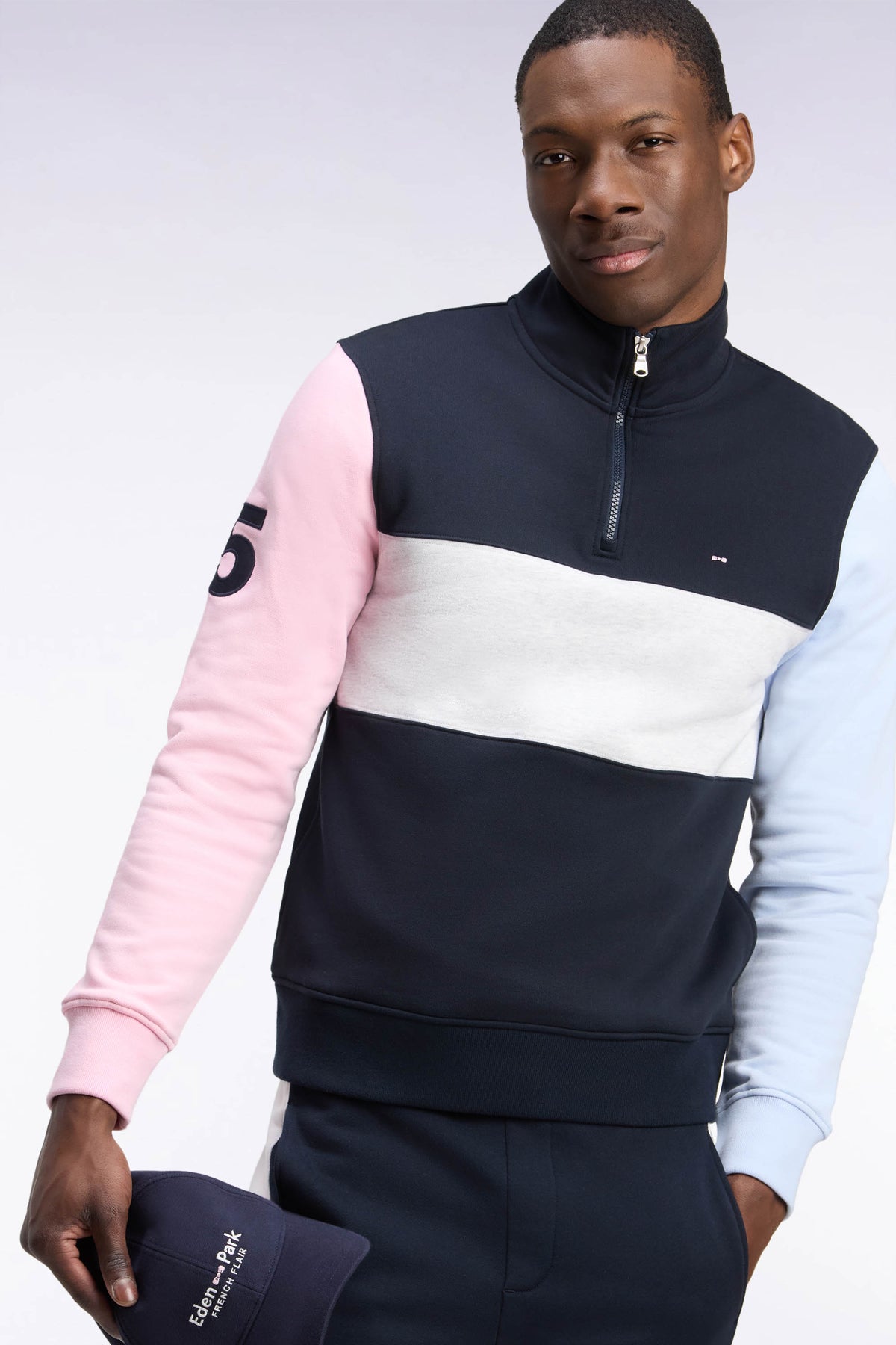 Straight cut cut-out navy cotton trucker neck sweatshirt