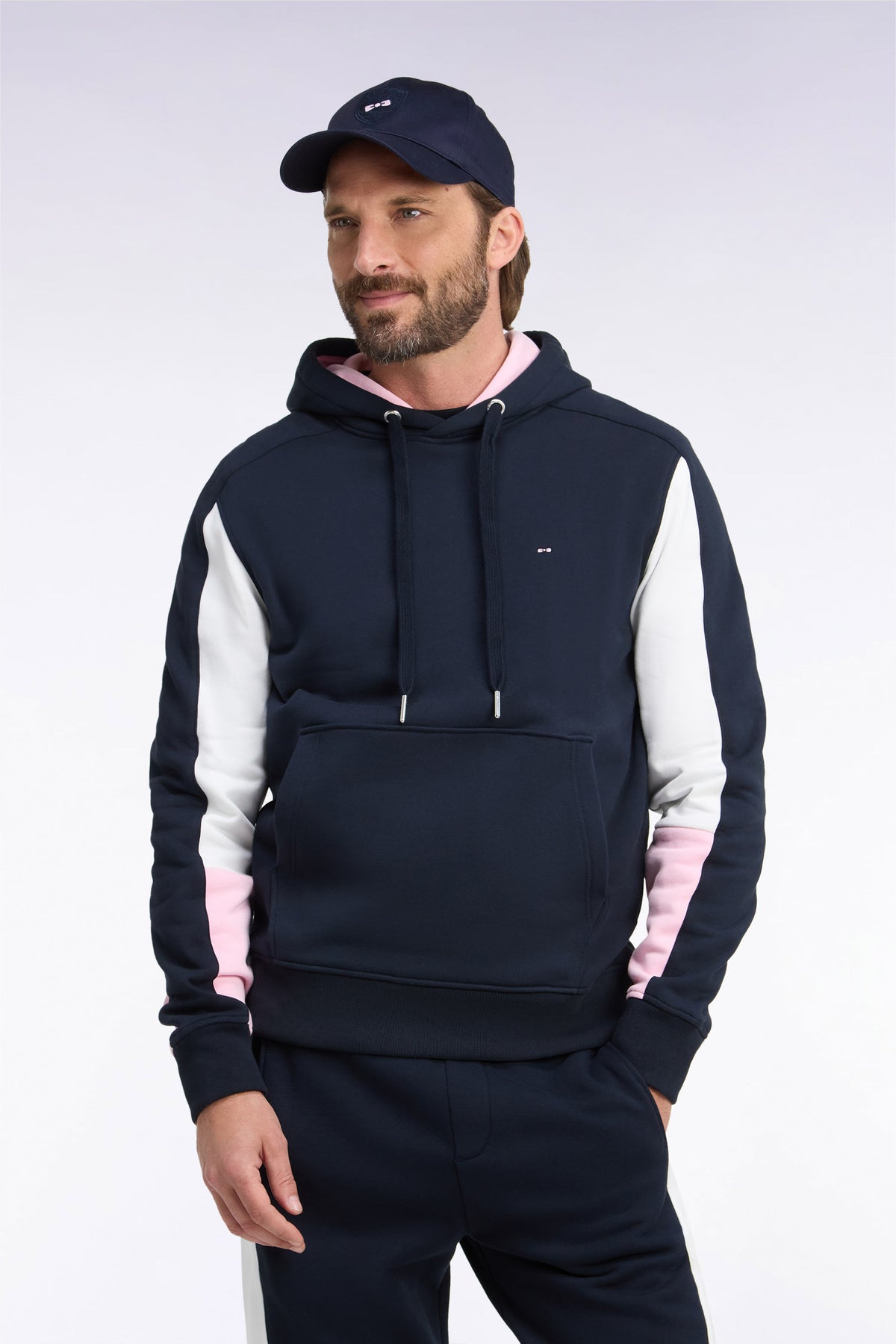 Navy cotton hooded sweatshirt with cut-out sleeves, straight cut