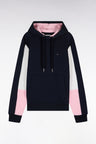 Navy cotton hooded sweatshirt with cut-out sleeves, straight cut