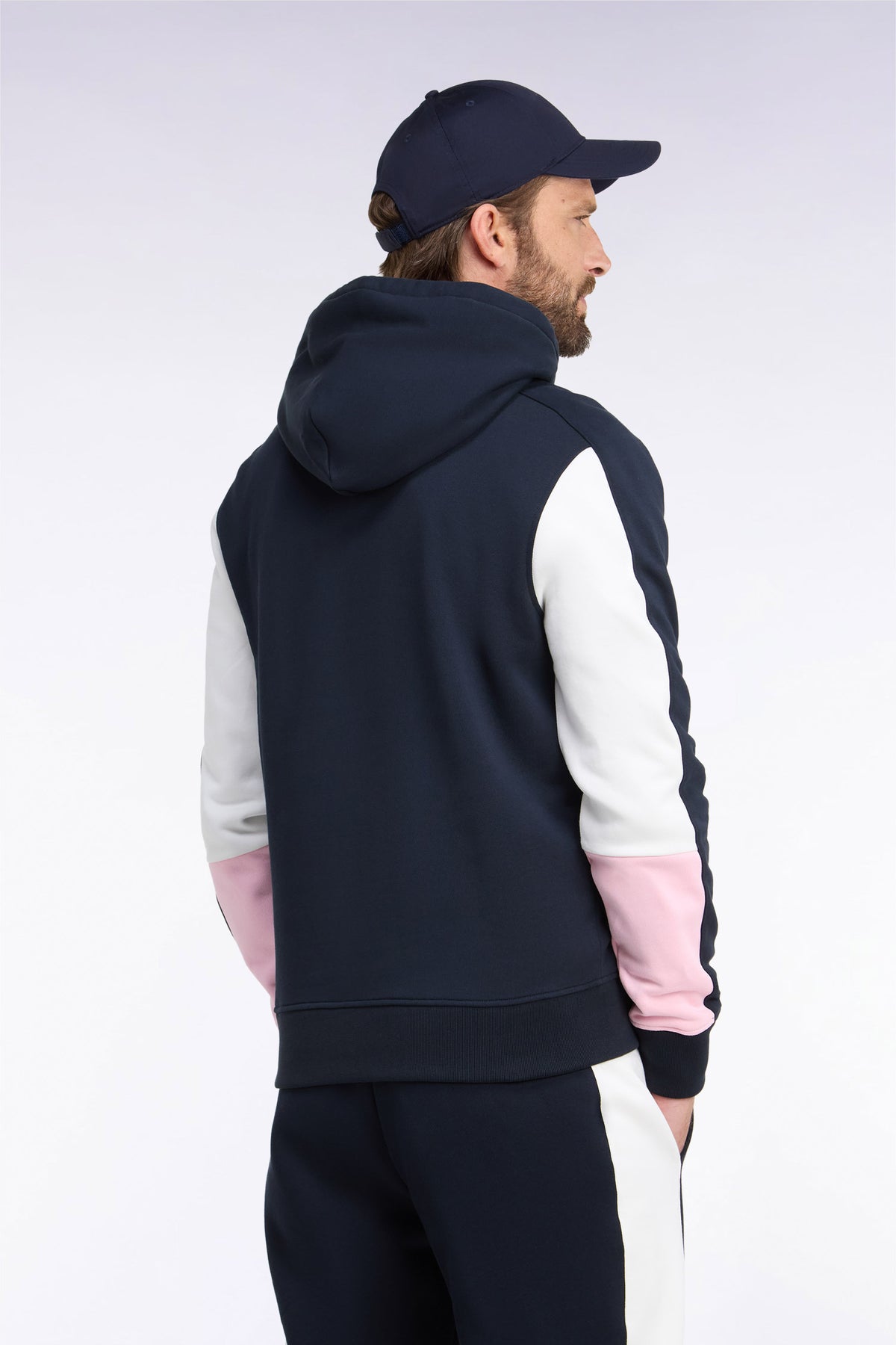 Navy cotton hooded sweatshirt with cut-out sleeves, straight cut