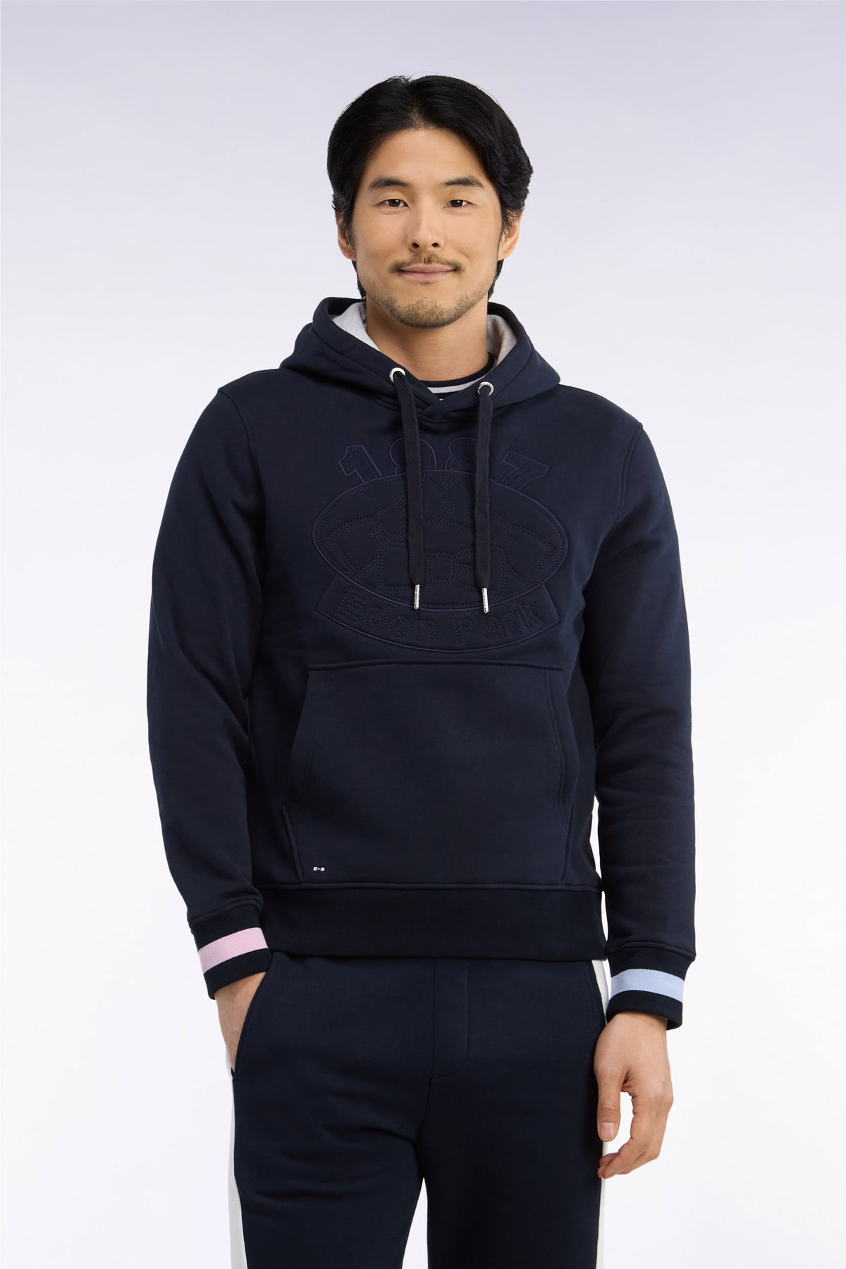 Straight cut embroidered navy cotton fleece hooded sweatshirt