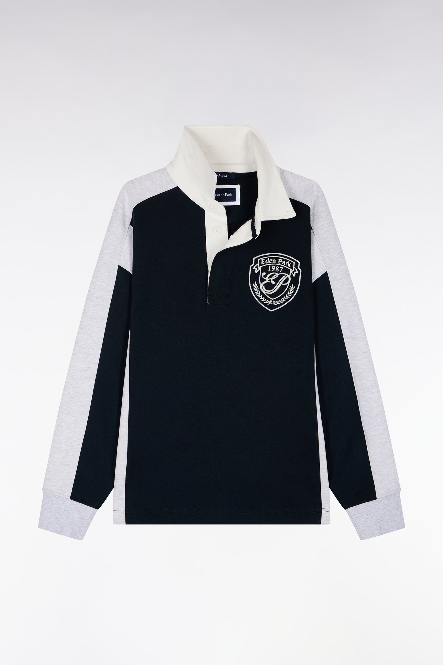 Sweatshirt unisexe à col maillot en interlock marine et découpes contrastées coupe loose