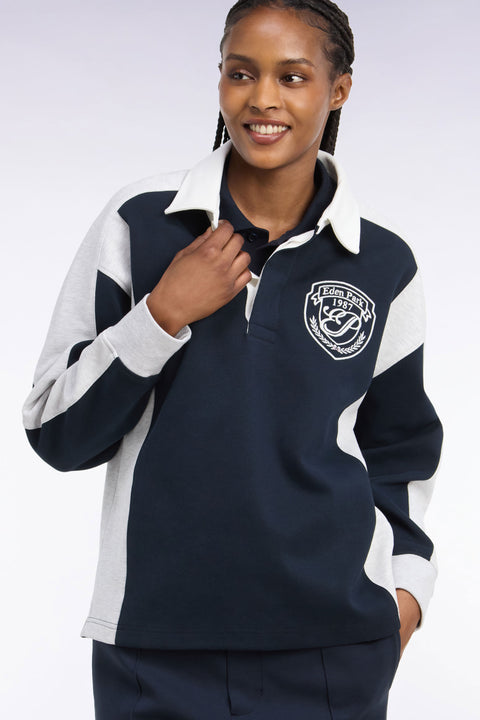 Sweatshirt unisexe à col maillot en interlock marine et découpes contrastées coupe loose - Image 1