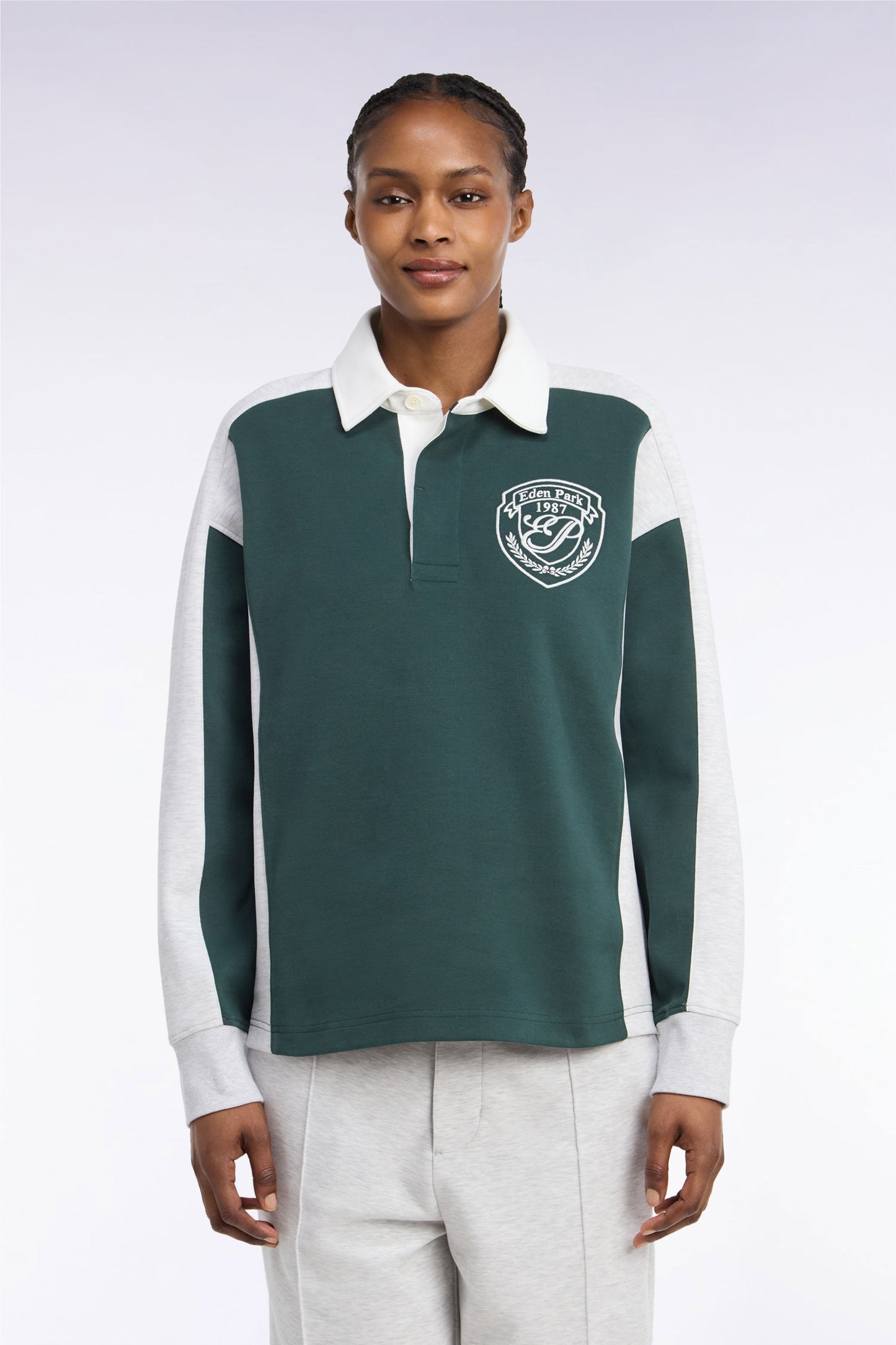 Sweatshirt unisexe à col maillot en interlock vert et découpes contrastées coupe loose