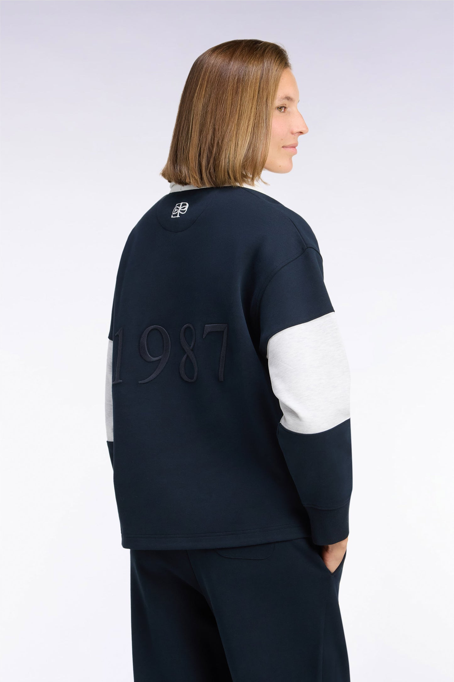 Sweatshirt unisexe à col maillot en interlock marine broderies héritage coupe loose
