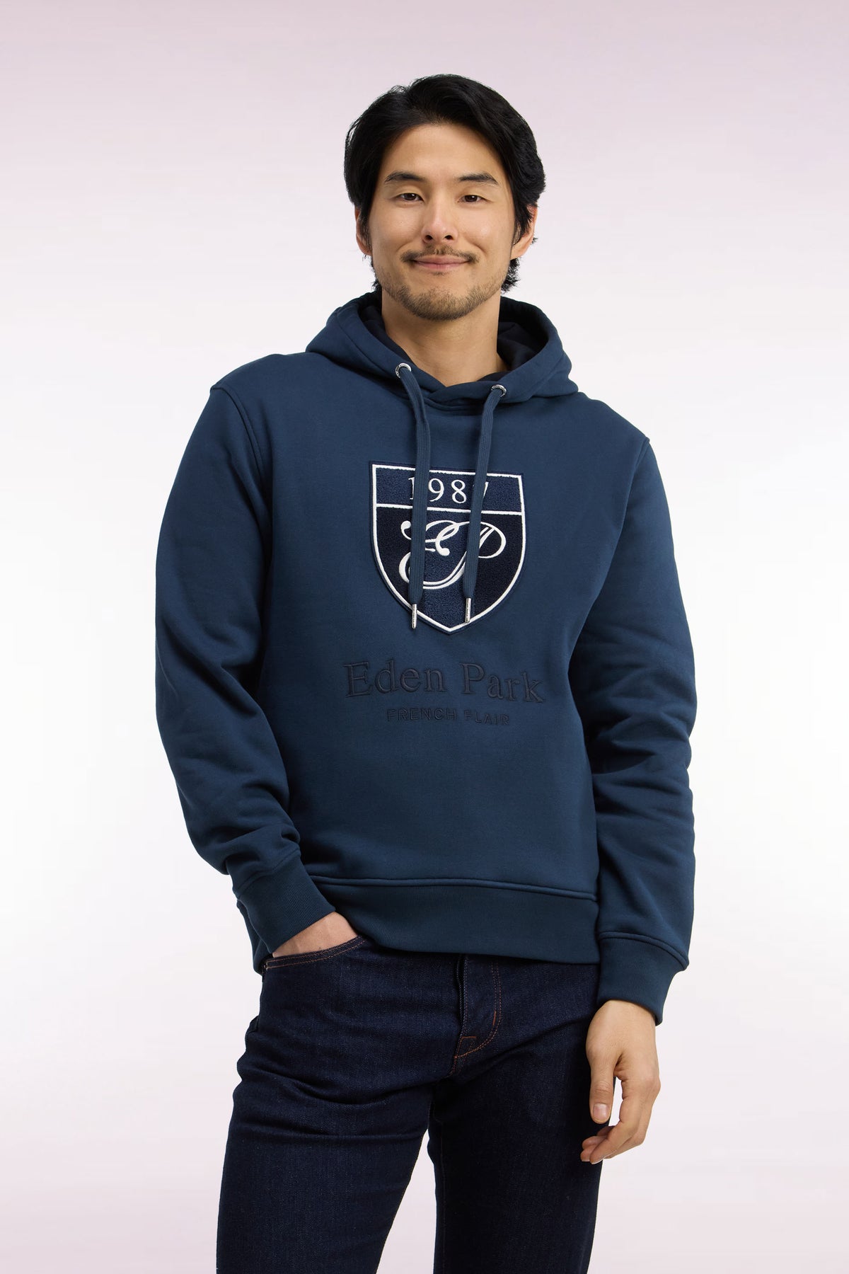 Gray cotton fleece hooded sweatshirt with heritage embroidery, straight cut