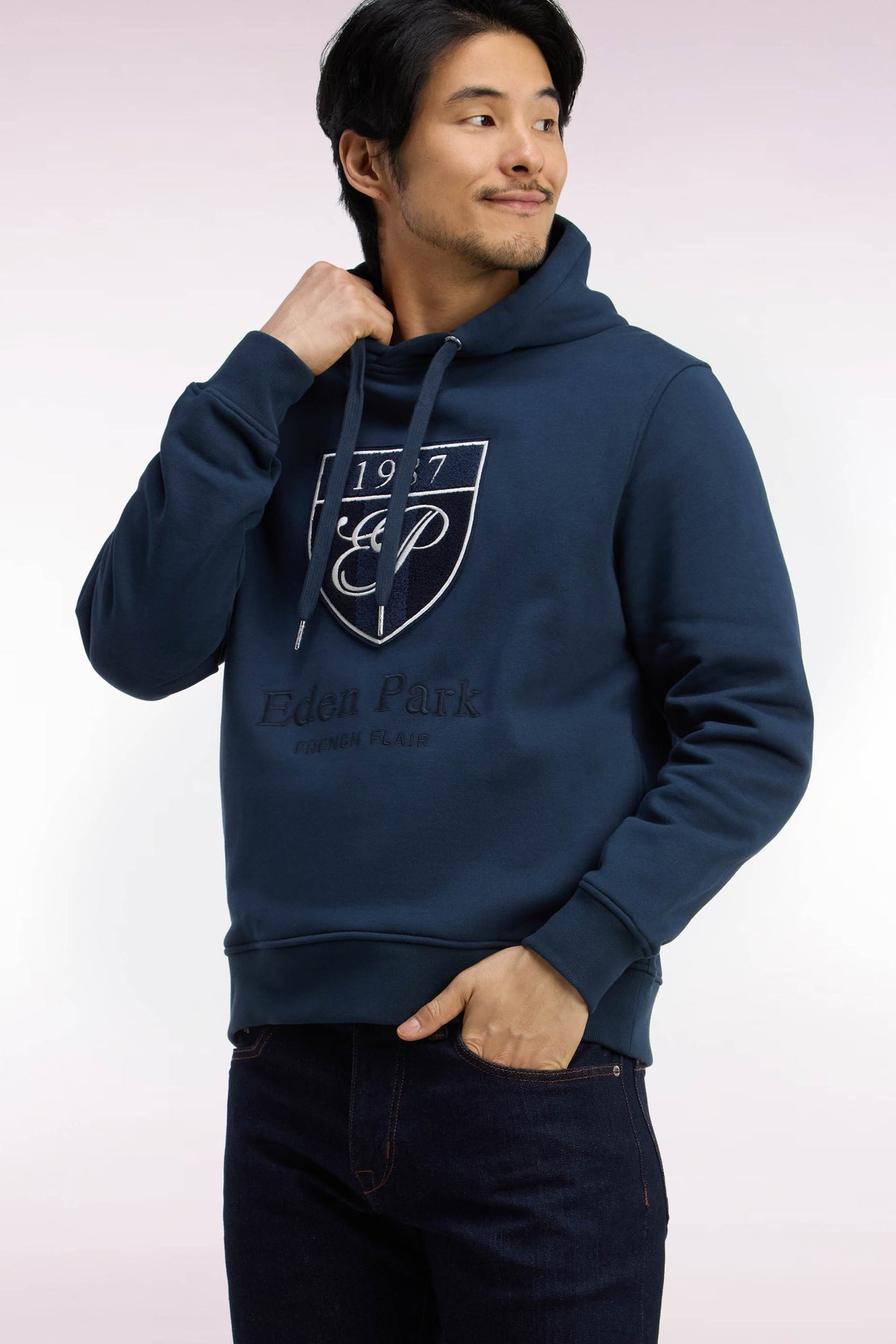 Gray cotton fleece hooded sweatshirt with heritage embroidery, straight cut