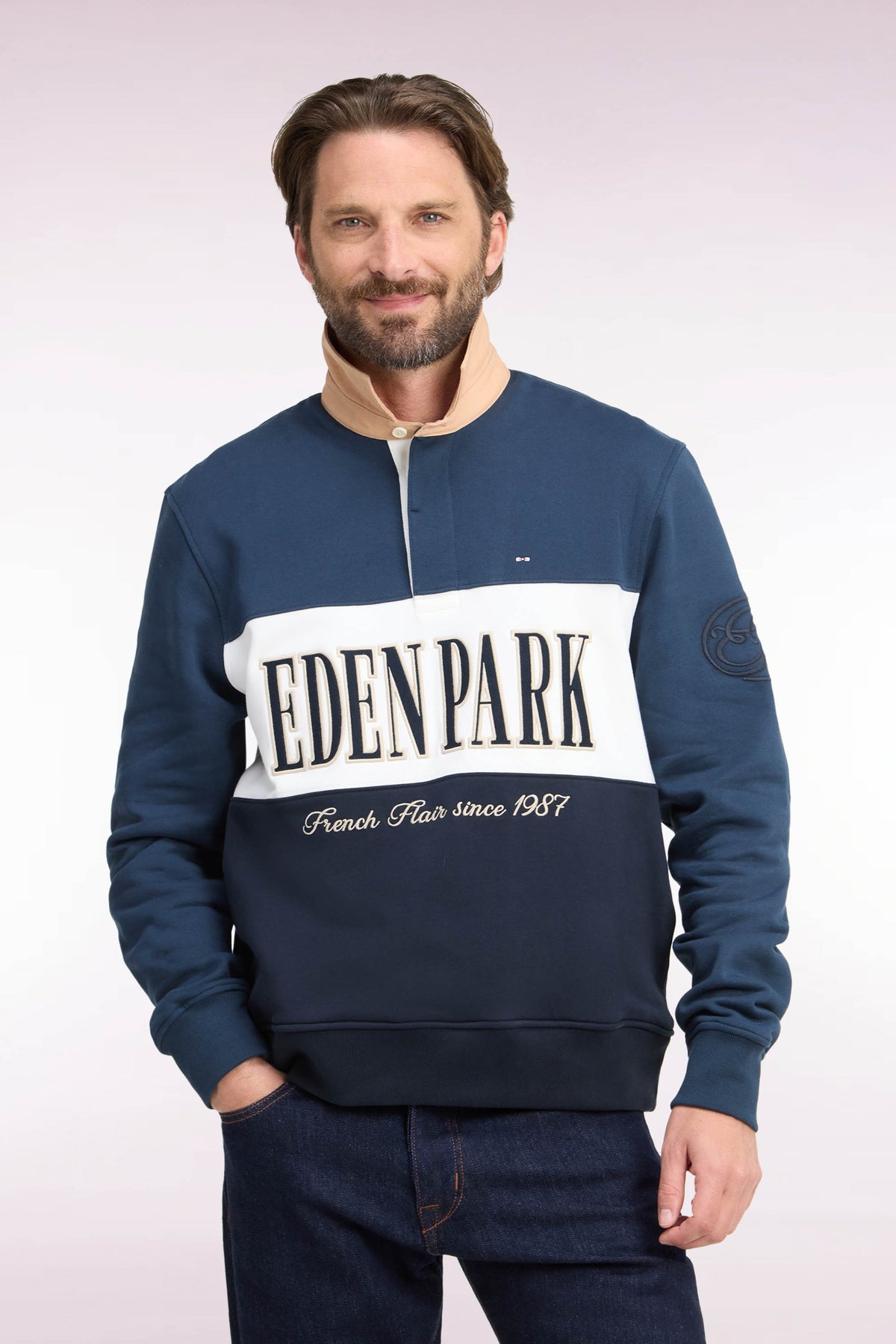 Gray straight cut polo collar zipped sweatshirt