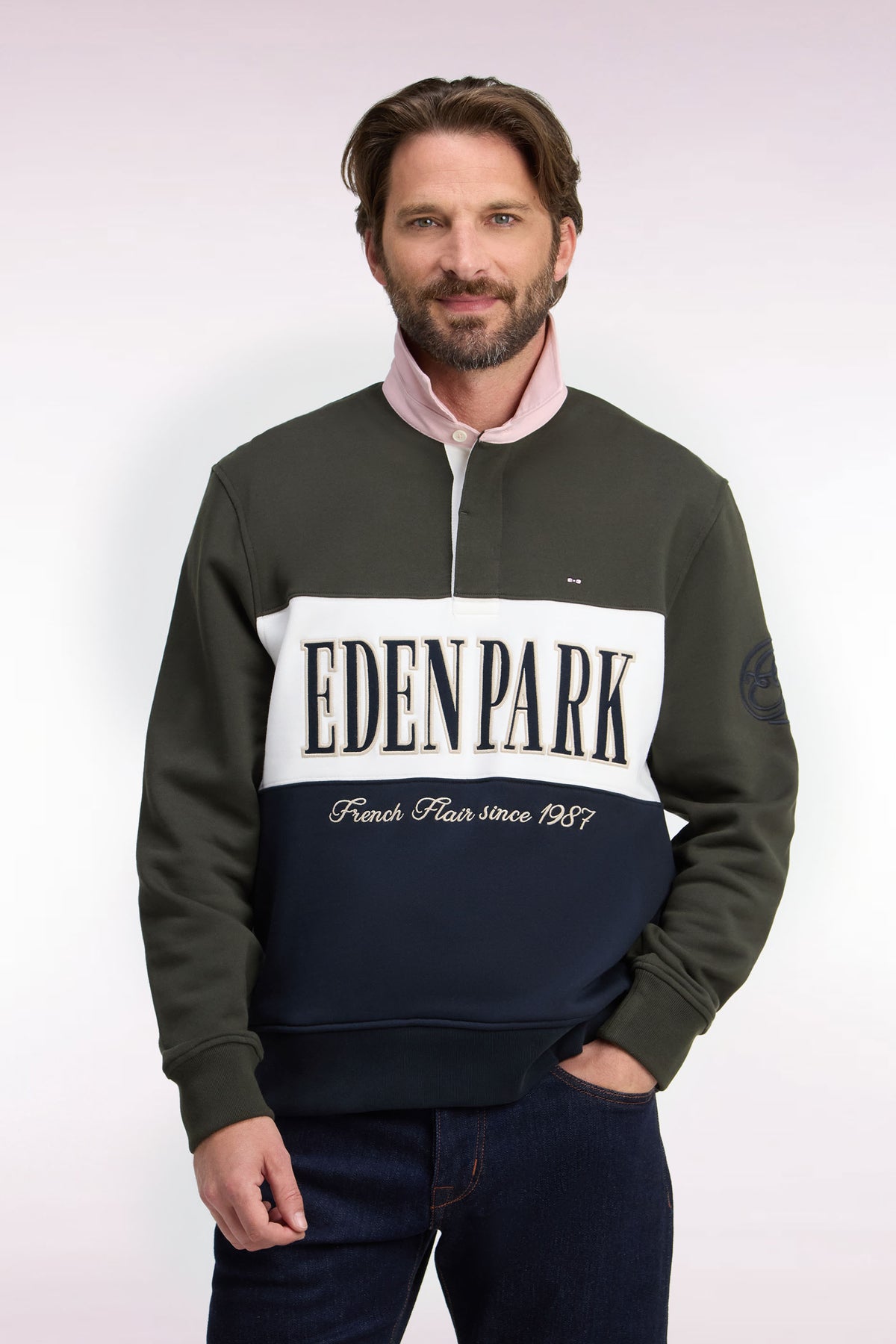 Khaki straight cut polo collar zipped sweatshirt