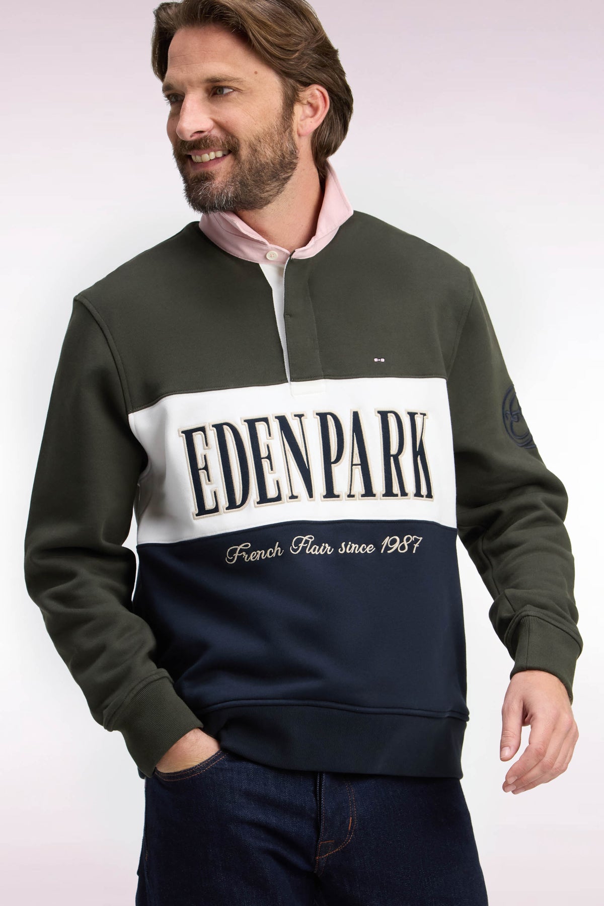 Khaki straight cut polo collar zipped sweatshirt