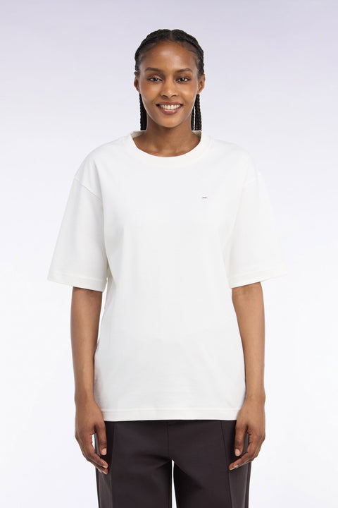 T-shirt col rond unisexe à manches courtes en coton mercerisé écru coupe loose - Image 3