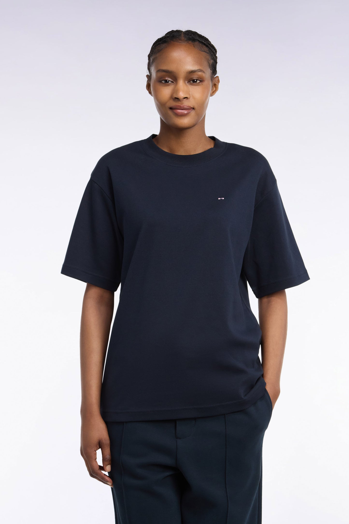 T-shirt col rond unisexe à manches courtes en coton mercerisé marine coupe loose