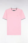 Short-sleeved pink cotton T-shirt with striped ribbed straight cut