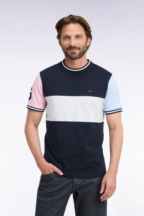 T-shirt manches courtes en coton marine à découpes contrastées coupe droite - Image 3