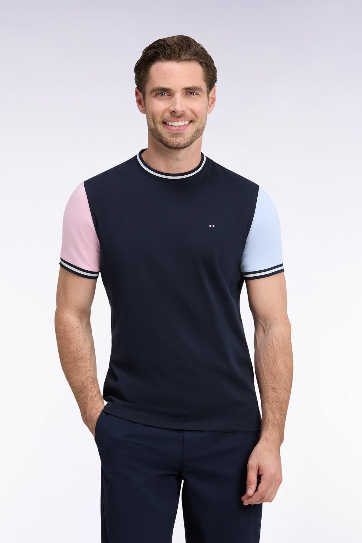 Short-sleeved straight-cut tricolor cotton T-shirt