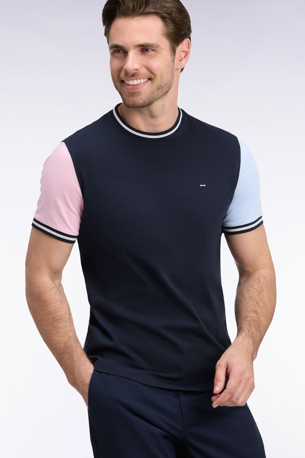 Short-sleeved straight-cut tricolor cotton T-shirt