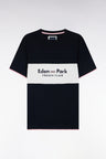 Two-tone short-sleeved T-shirt with ecru embroidered cutout, straight cut