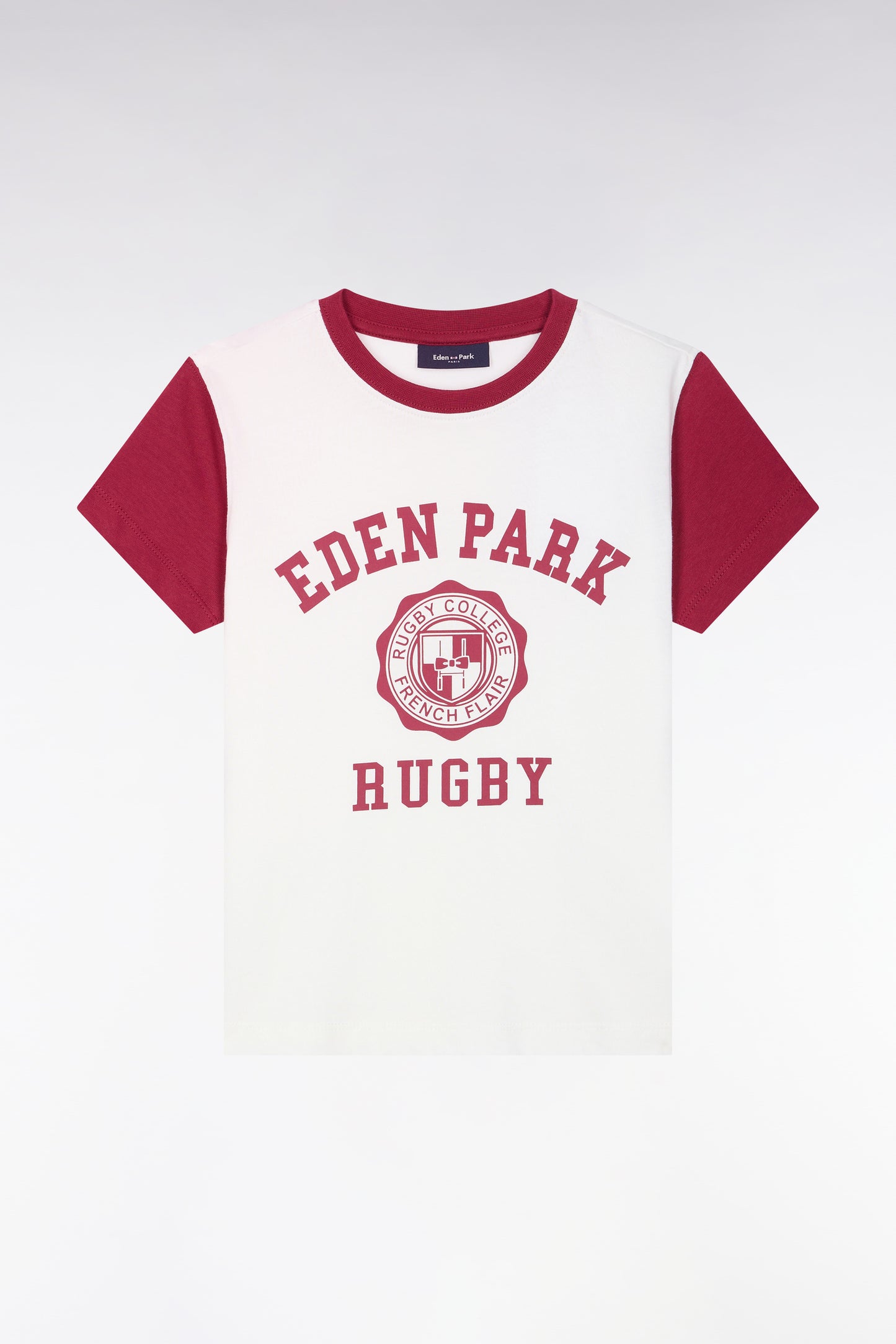 T-shirt manches courtes en coton écru sérigraphie rugby rouge coupe droite