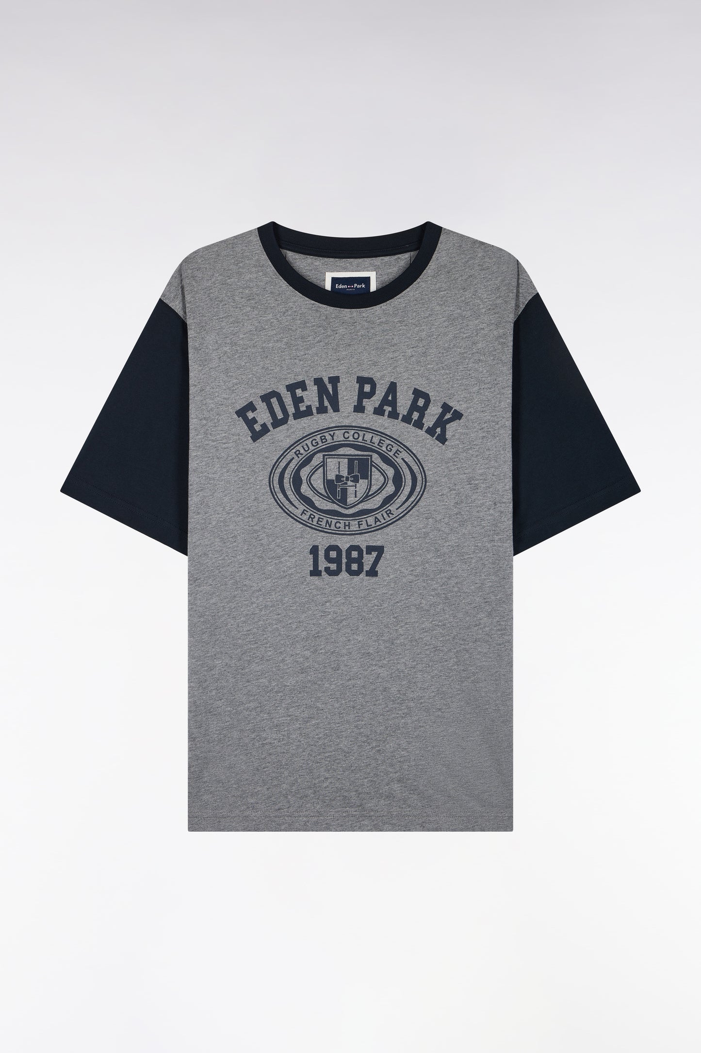 T-shirt manches courtes en coton marine et gris sérigraphié coupe droite