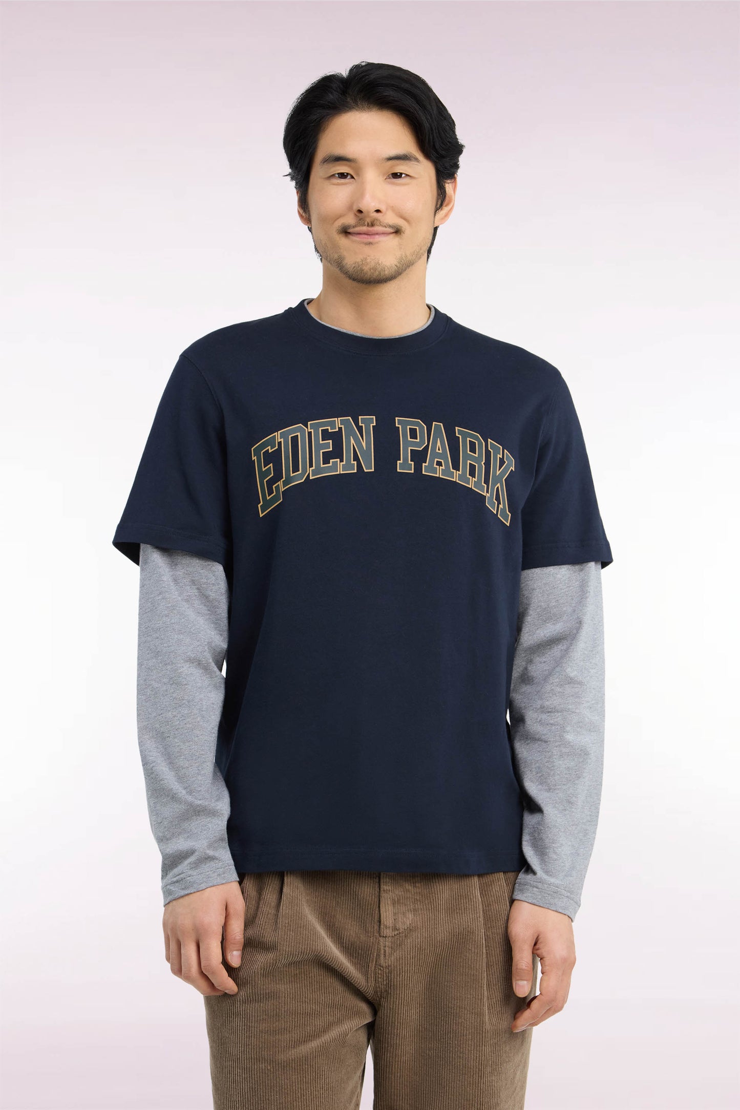 T-shirt manches longues effet superposition en coton peigné marine coupe droite