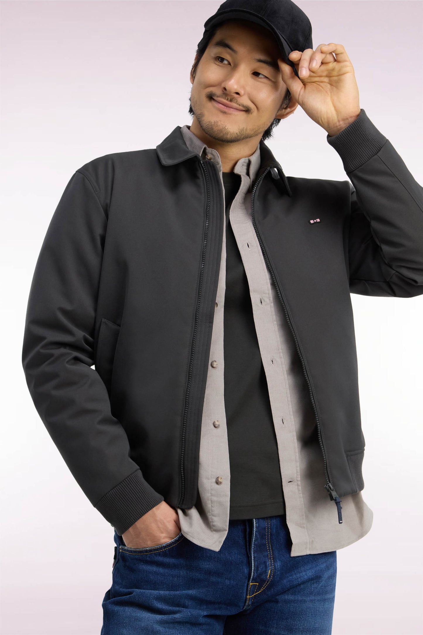 Blouson en nylon kaki à bords-côtes coupe droite