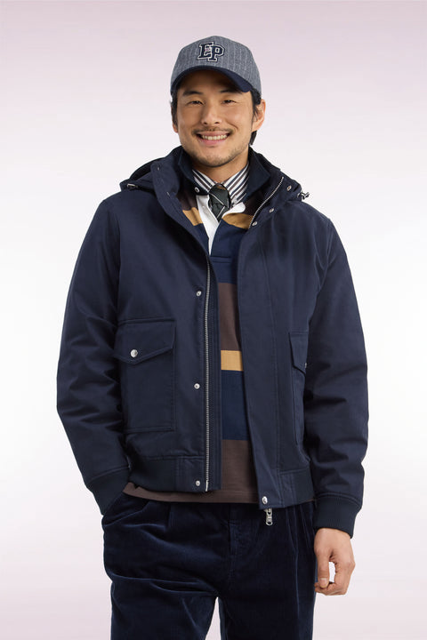 Navy bi-material jacket with removable hood, straight cut - Image 3
