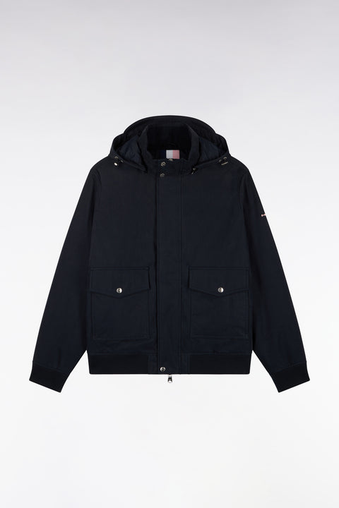 Navy bi-material jacket with removable hood, straight cut - Image 2