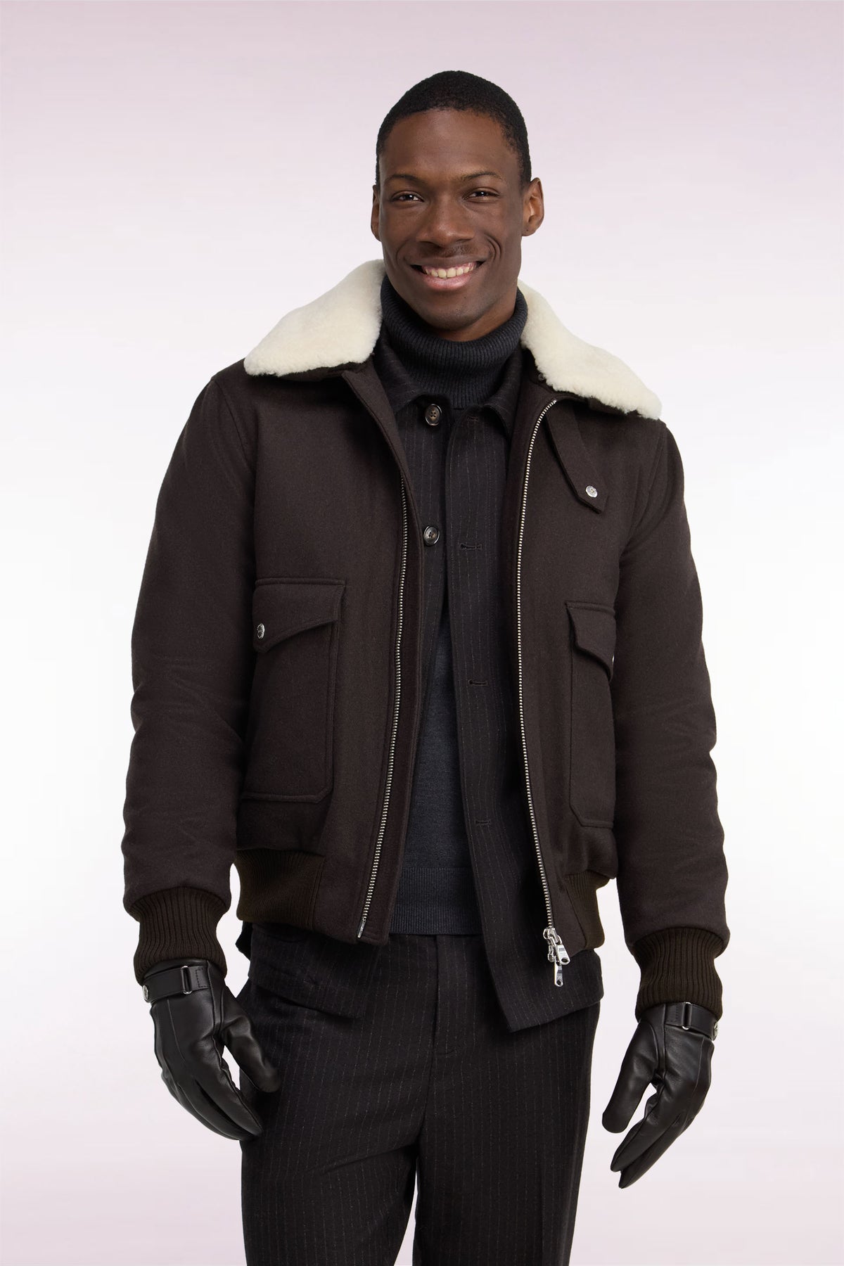 Brown knit jacket with shearling collar